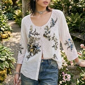 J. Jill Floral Embroidered Cottagecore Semi Sheer Blouse In Light Lilac Like New